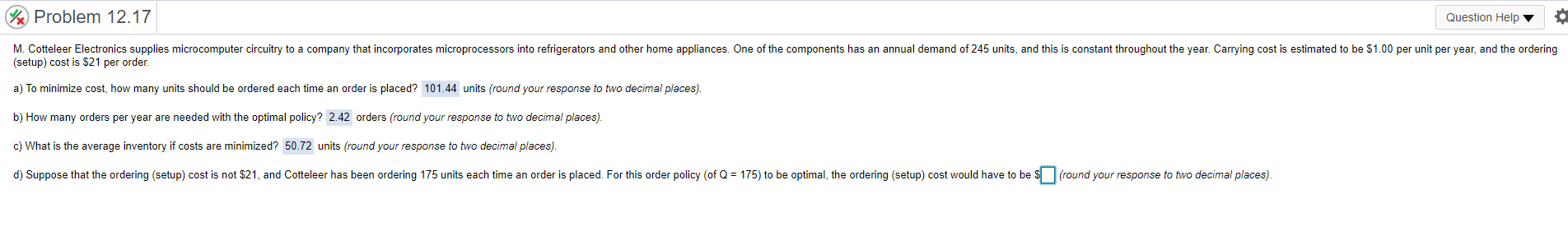 Problem 12.17 Question Help M. Cotteleer