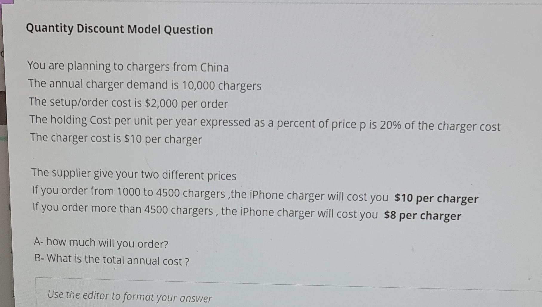 solve it with steps Quantity Discount Model