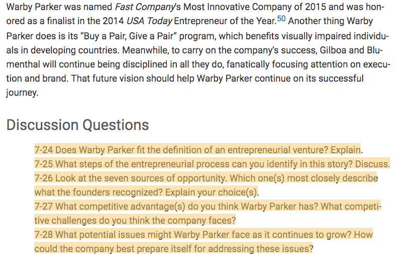 Chapter 7; Case 3 - Warby Parker HELP ME ANSWER