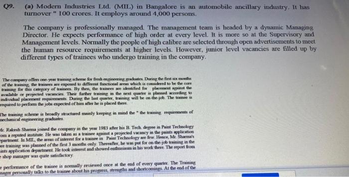 09. (a) Modern Industries Ltd. (MIL) in Bangalore