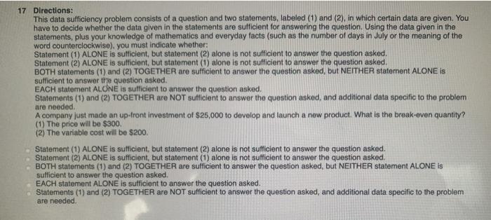 17 Directions: This data sufficiency problem