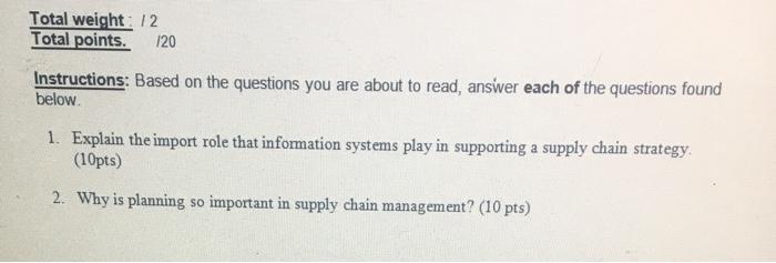 Total weight: 12 Total points. 120 Instructions: