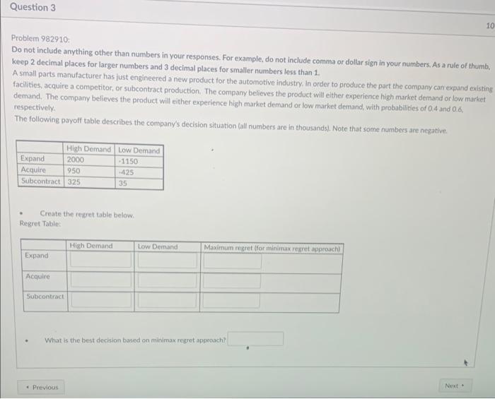 fill in the blanks Question 3 10 Problem 982910