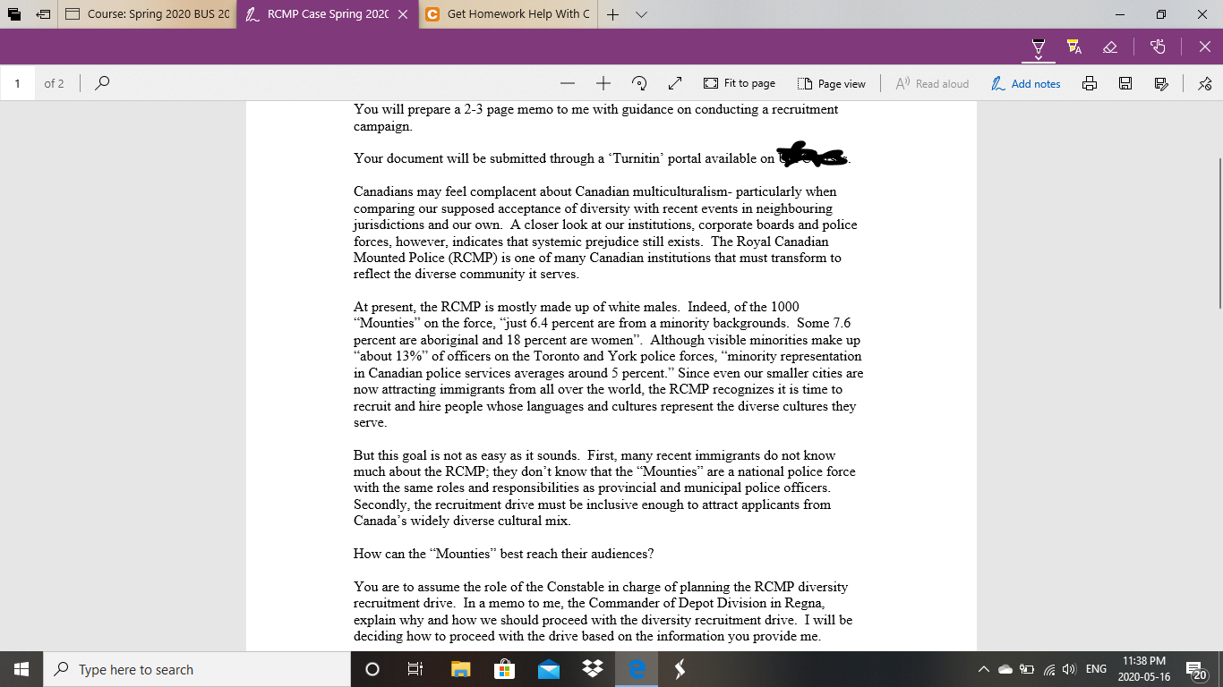 Course: Spring 2020 BUS 20 RCMP Case Spring 2020