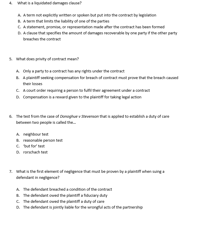 4. What is a liquidated damages clause? A. A term