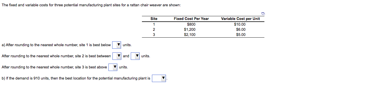 The fixed and variable costs for three potential