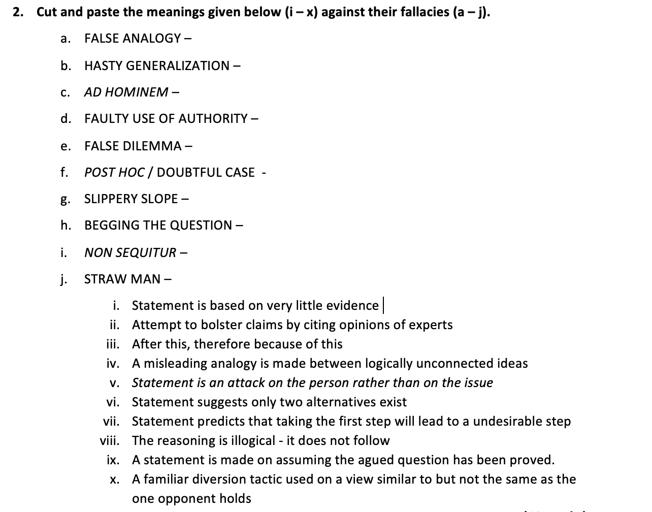 2. Cut and paste the meanings given below (i - x)