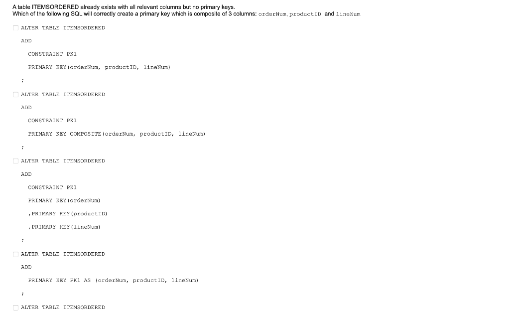A table ITEMSORDERED already exists with all