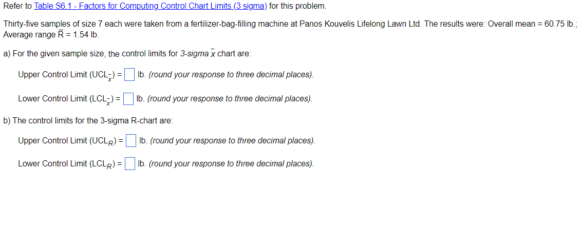 Refer to Table S6.1 - Factors for