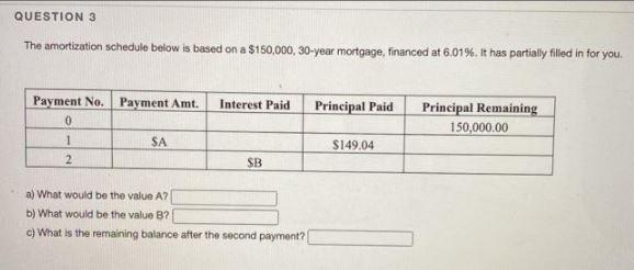 QUESTION 3 The amortization schedule below is