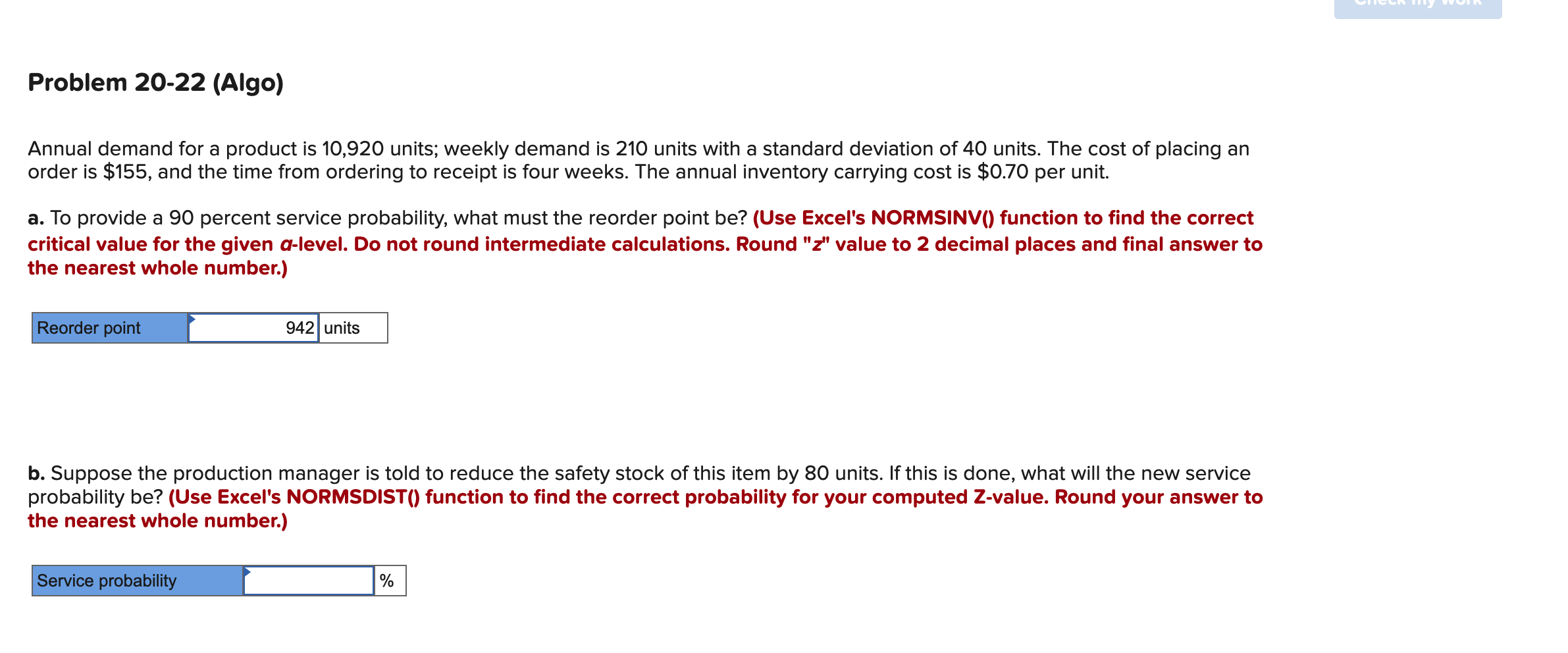Problem 20-22 (Algo) Annual demand for a product