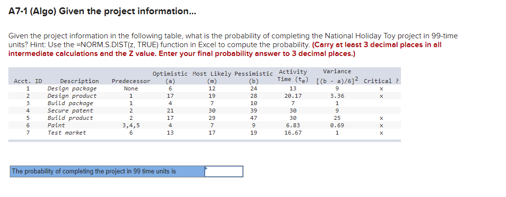 A7-1 (Algo) Given the project information...