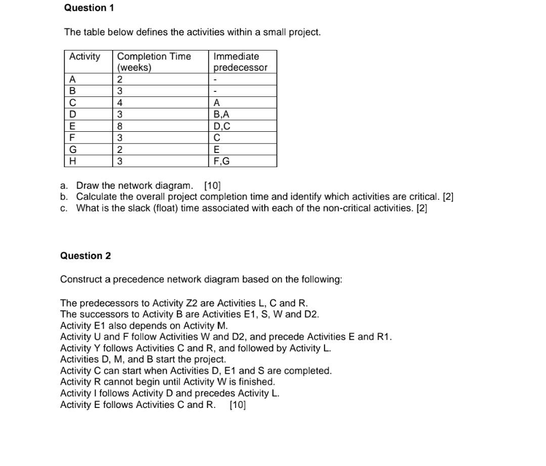 Question 1 The table below defines the activities
