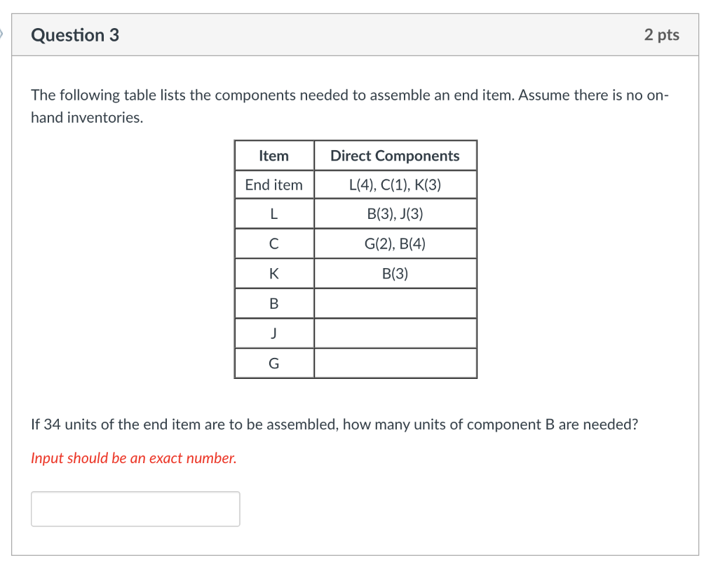 Question 3 2 pts The following table lists the