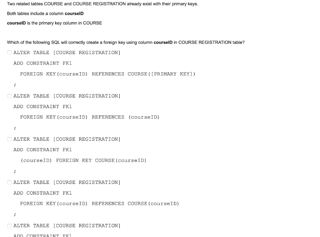 Two related tables COURSE and COURSE REGISTRATION