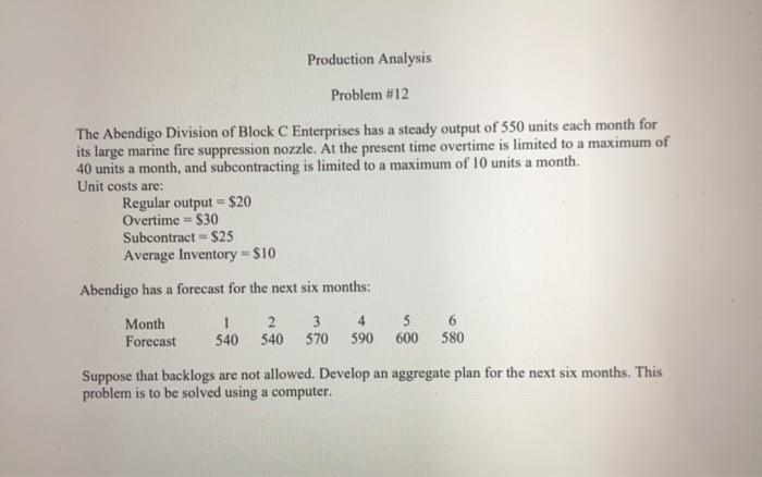 solve with excel Production Analysis Problem #12
