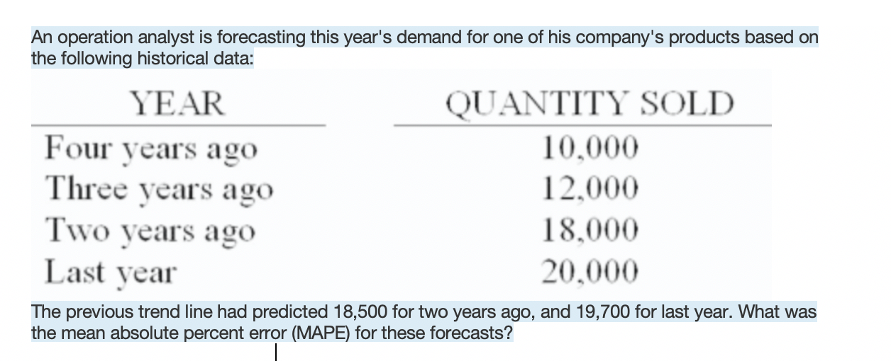 An operation analyst is forecasting this year's