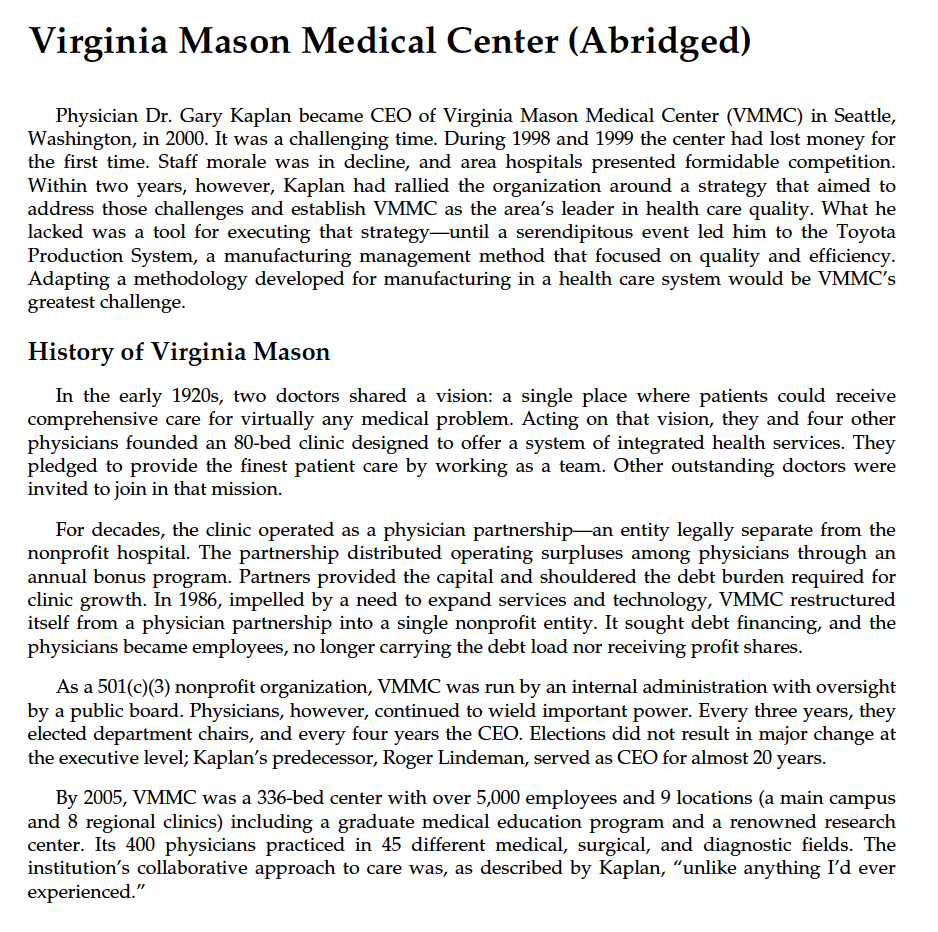 Review the reading Virginia Mason Medical Center