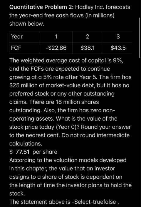 Quantitative Problem 2: Hadley Inc. forecasts the