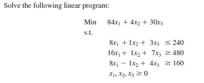 Solve the following linear program: Min 84x1 +