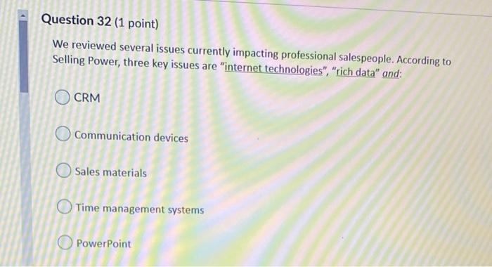 Question 32 (1 point) We reviewed several issues