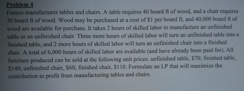 Problem 4 Furnco manufactures tables and chairs.