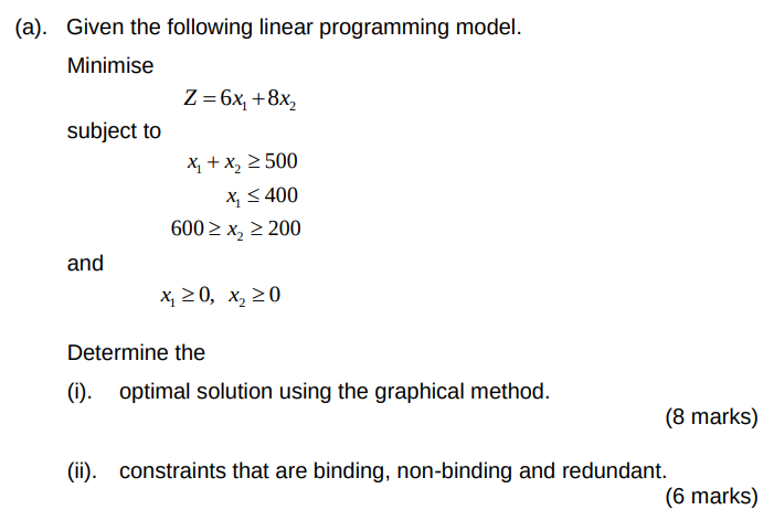 (a). Given the following linear programming