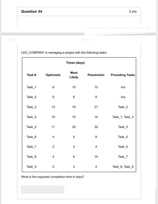 Question 34 2 pts LDO_COMPANY is managing a