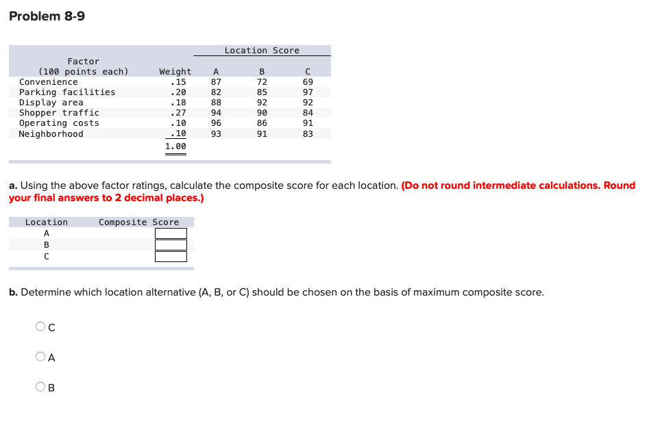 Problem 8-9 Location Score Weight A Factor (100