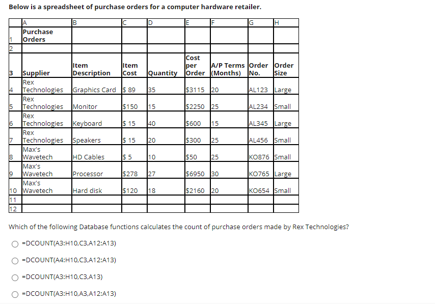 Below is a spreadsheet of purchase orders for a