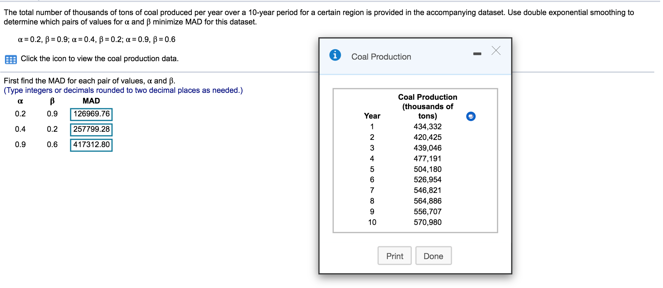 The total number of thousands of tons of coal