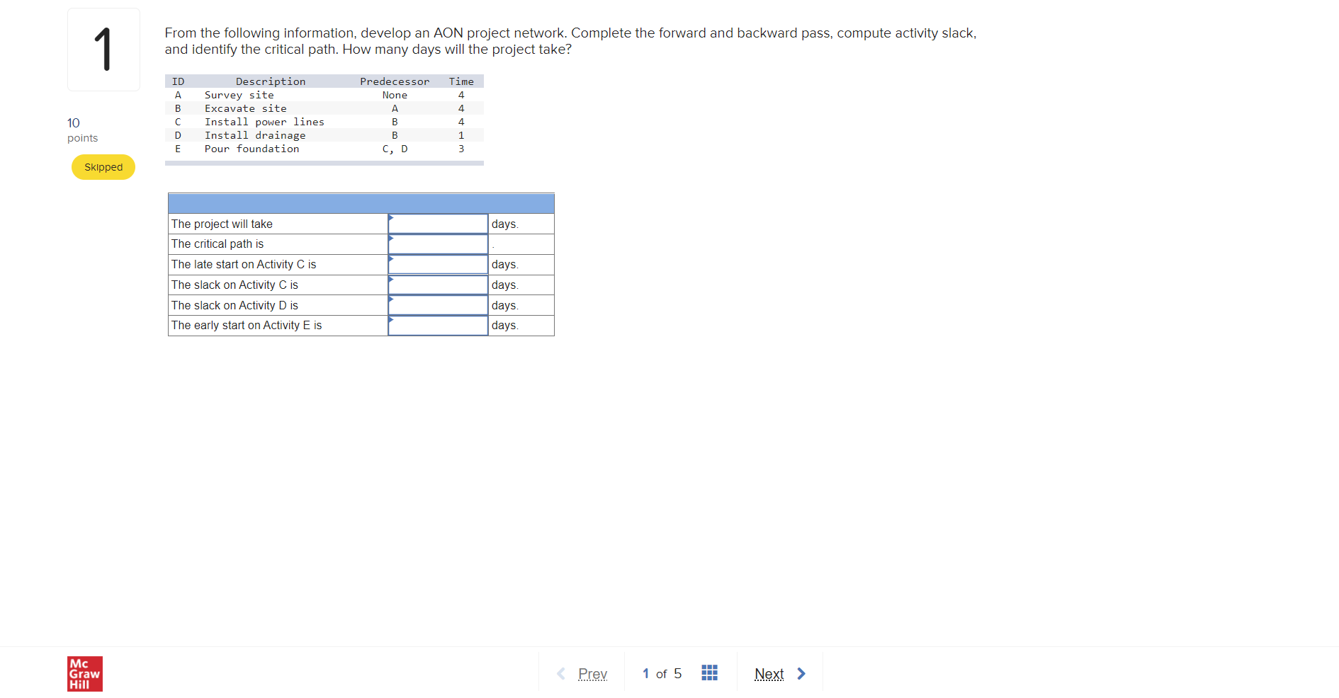1 From the following information, develop an AON