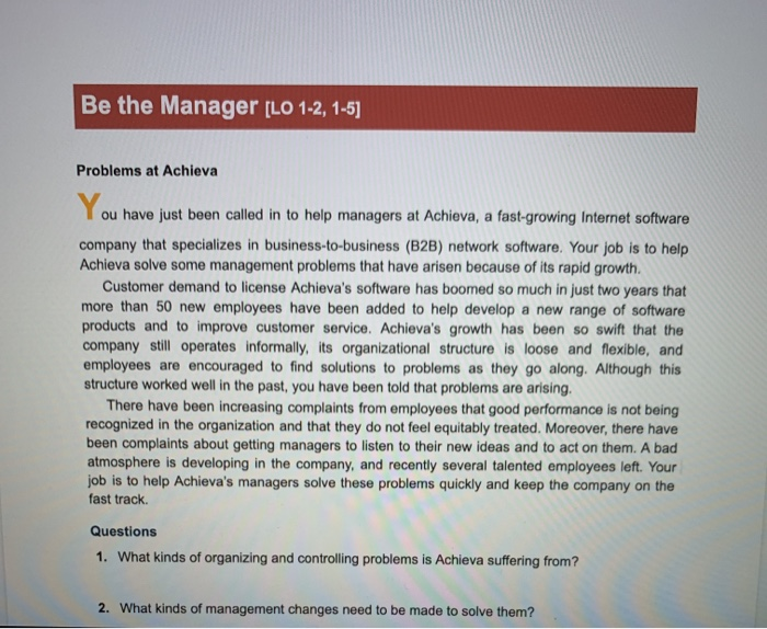 Be the Manager (LO 1-2, 1-5] Problems at Achieva