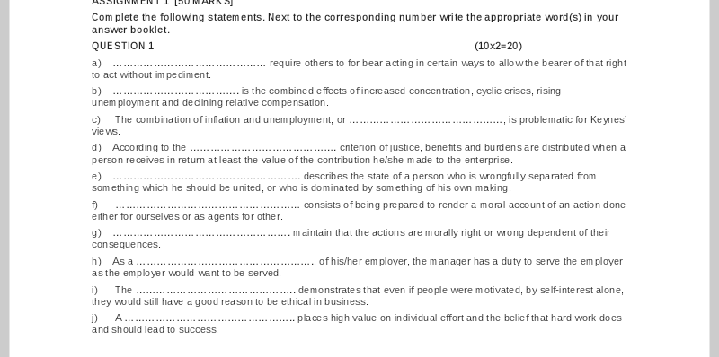 Complete the following statements. Next to the