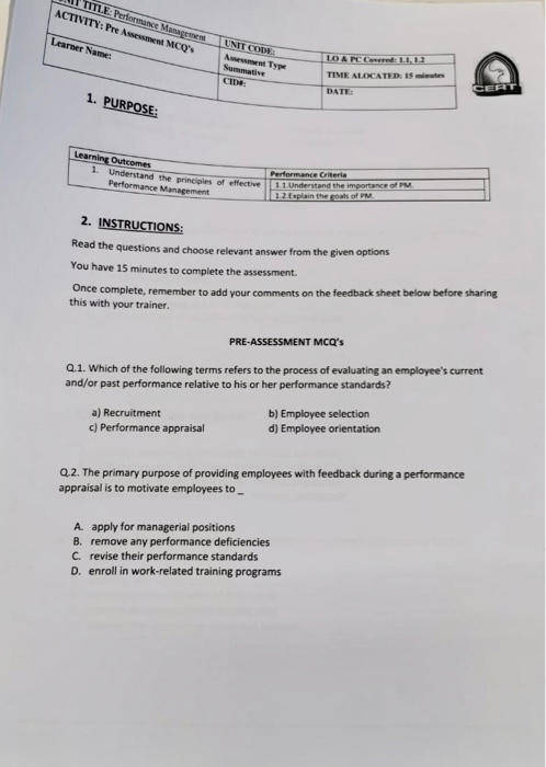 ATTITLE: Performance Management ACTIVITY: Pre