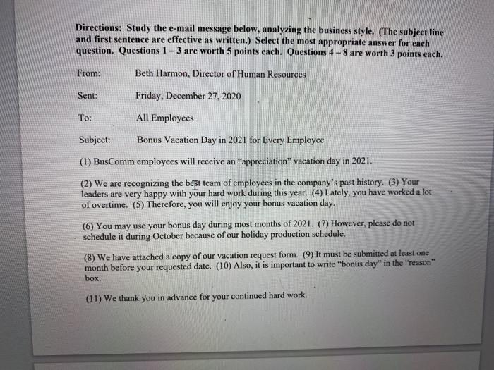 **BUSINESS MANAGEMENT QUESTION** Directions: