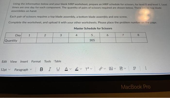Using the information below and your blank MRP