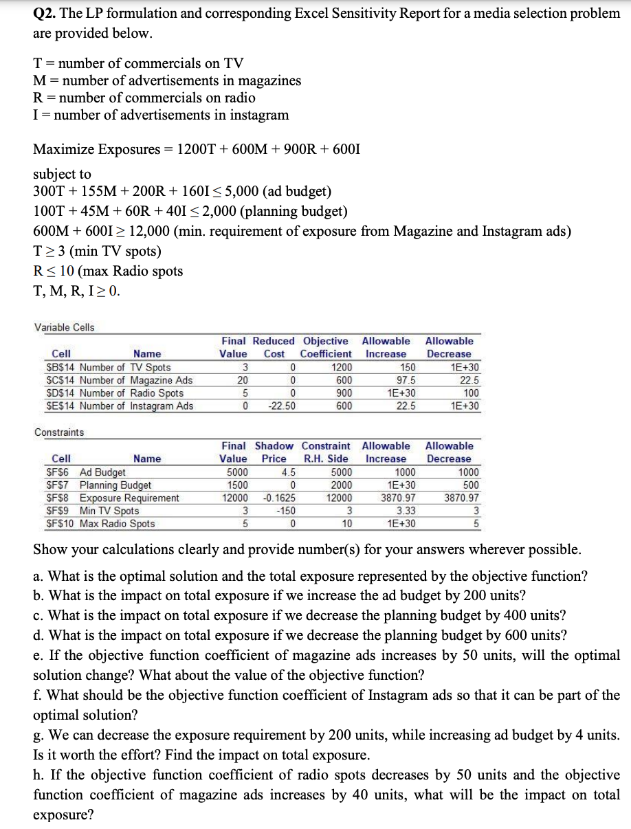 Q2. The LP formulation and corresponding Excel