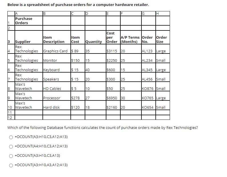 Below is a spreadsheet of purchase orders for a