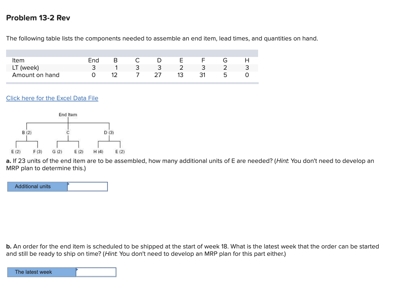 Problem 13-2 Rev The following table lists the