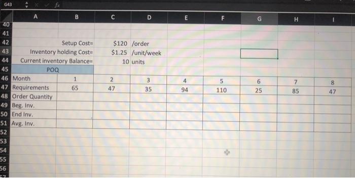 Supply chain management POQ table G43 C D E F H