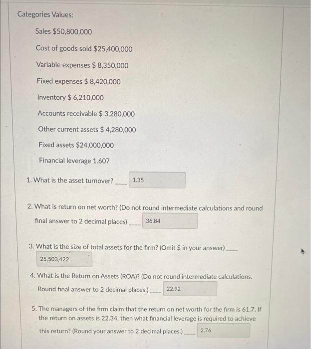 Please help on questions 1-5! Categories Values: