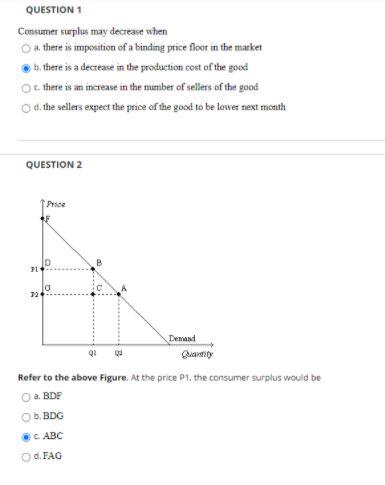 QUESTION 1 Consumer surplus may decrease when a.