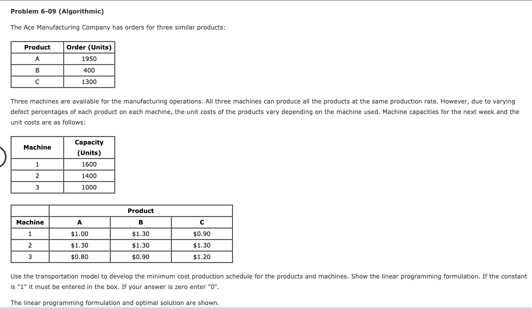 Problem 6-09 (Algorithmic) The Ace Manufacturing