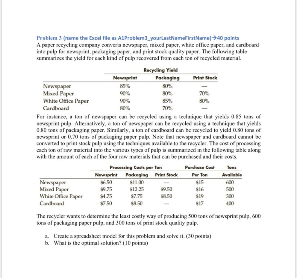 Problem 3 (name the Excel file as