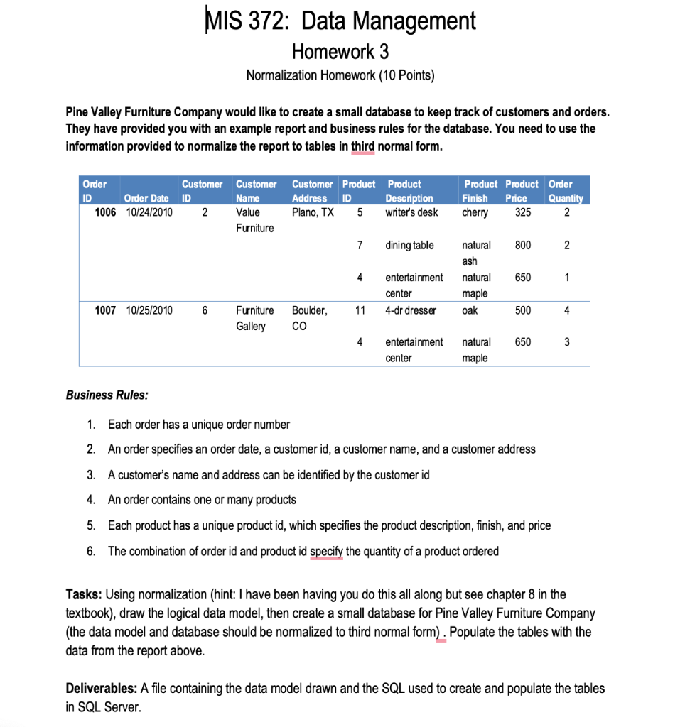 MIS 372: Data Management Homework 3 Normalization