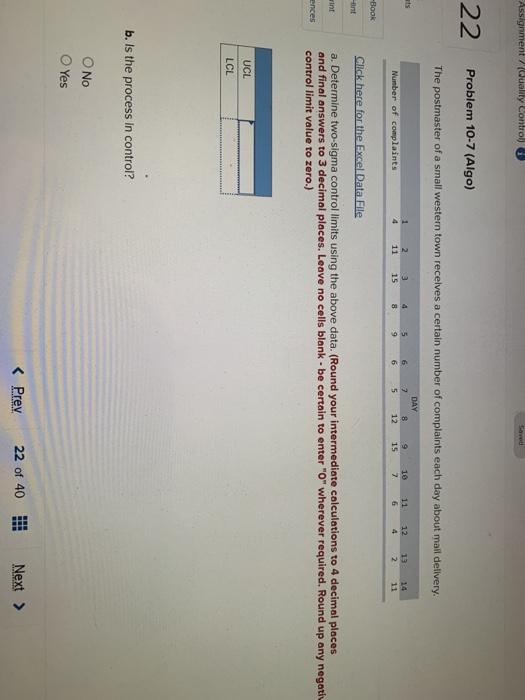 Assignment Quality Control 22 Problem 10-7 (Algo)