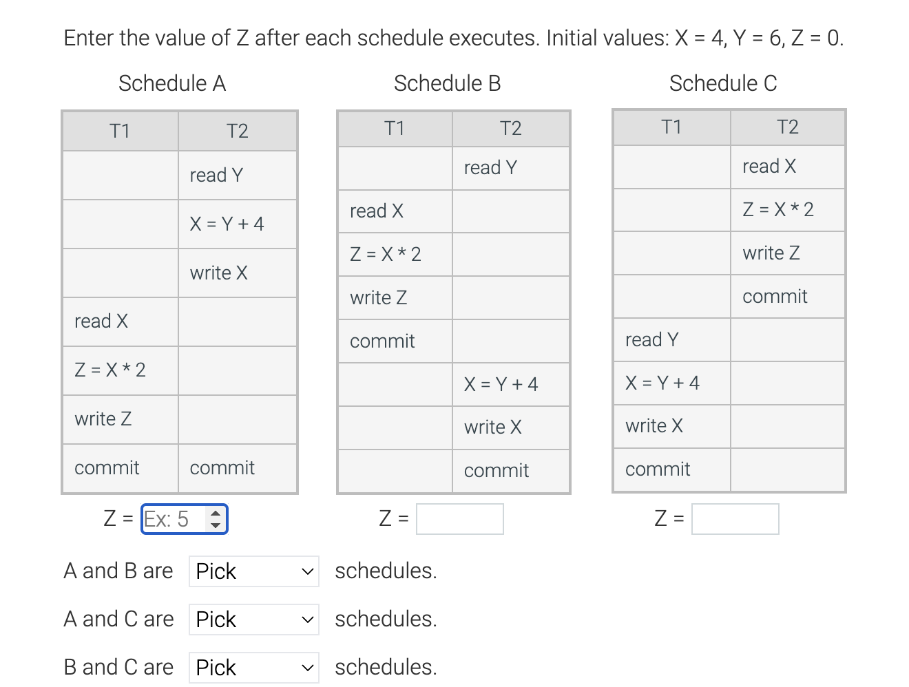 please help! Enter the value of Z after each