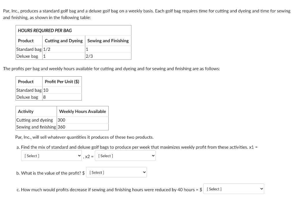 Par, Inc., produces a standard golf bag and a