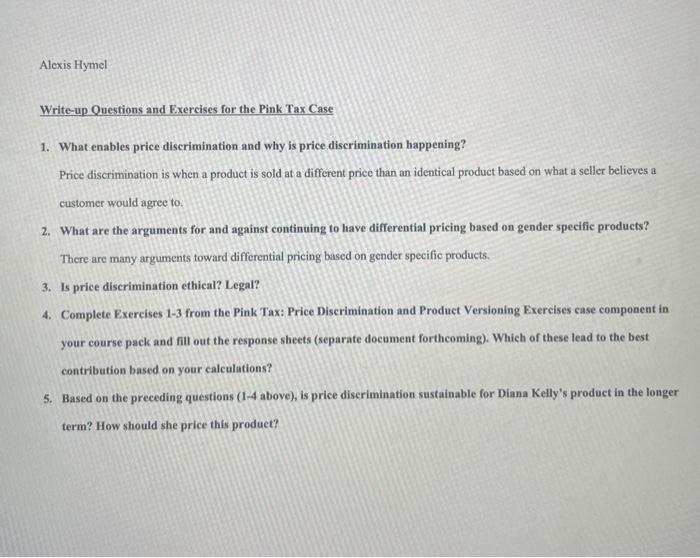 Write-up Questions and Fxercises for the Pink Tax